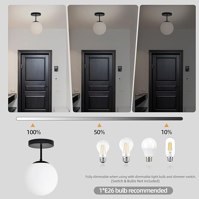 8" Black Semi Flush Mount Ceiling Light Fixture Milk Glass Globe Ceiling Light Fixtures Hallway Light Fixtures Mid Century Ceiling Lights Matte Black Finish for Entryway Foyer (Bulb Incl.)