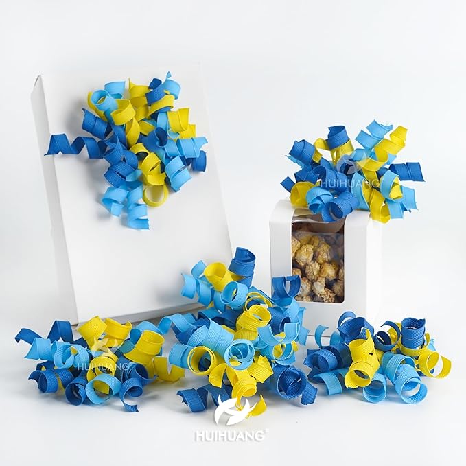 HUIHUANG Baby Shower Bows for Gift Wrapping, Curly Ribbon Bows Self Adhesive Burst Gift Bow for Baby Birthday, Baby Boy Shower Party Favors, Wine Bottle, Treat Bags- 6 Counts