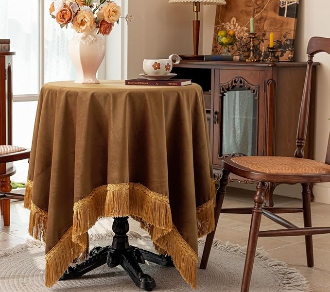 F-CHU Luxury Camel Tablecloth Thickset Velvet Tablecloth with Beautiful Gold Tassels Vintage Table Cloth for Home Decor Wedding, Party, Banquet and Events 60x60-Inch