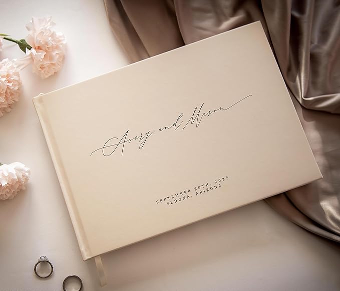 MUUJEE Personalized Guestbook in Oats- Premium Custom Modern Guest Book for Wedding Reception, Birthday Party or Events w/Bookmark Blank Pages for Signing 11.5 x 8.5 inches