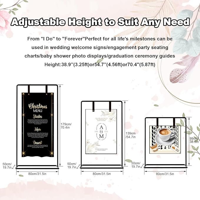 Wedding Welcome Sign Stand, 54" Adjustable Heavy Duty Metal Easel for Welcome Signs, Seating Charts & Posters - Display Holder for Wedding & Event Decor w/Leather Straps