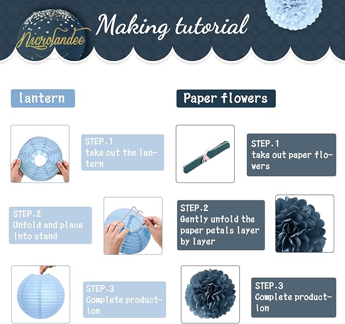 NICROLANDEE Dusty Blue Wedding Decorations, 12 PCS Blue Grey Tissue Pom Poms Paper Lanterns Decor for Birthday, Bridal Shower, Baby Shower, Bachelorette Party Hanging Decoration Supplies