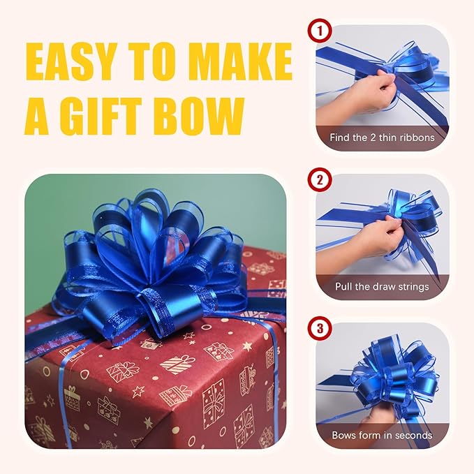 12 PCS 6 Inch Large Pull Organza Blue Bows - Perfect for Gift Wrapping, Wedding Decor, Car Bows, Birthday Parties, Christmas and Valentine's Day