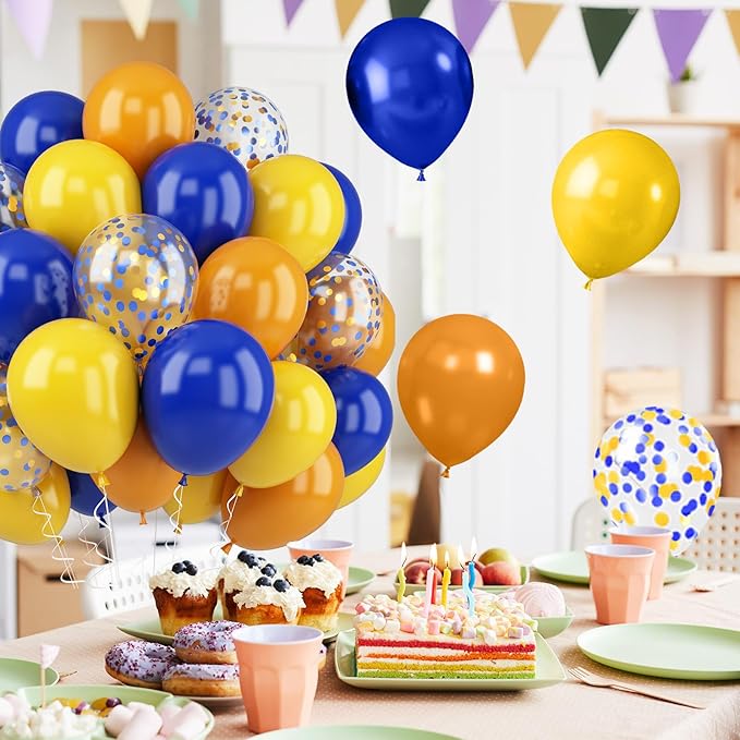 52 PCS 12 Inch Retro Blue and Yellow Matte Balloons with Confetti for Birthday Party Decorations
