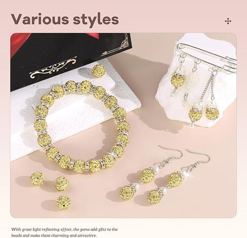 160pcs 10mm Rhinestone Beads for Jewelry Making, Light Yellow Shiny Round Disco Beads Bulk, Sparkle Crystal Clay Christmas for Bracelet Baseball Necklace Earring Crafting and DIY