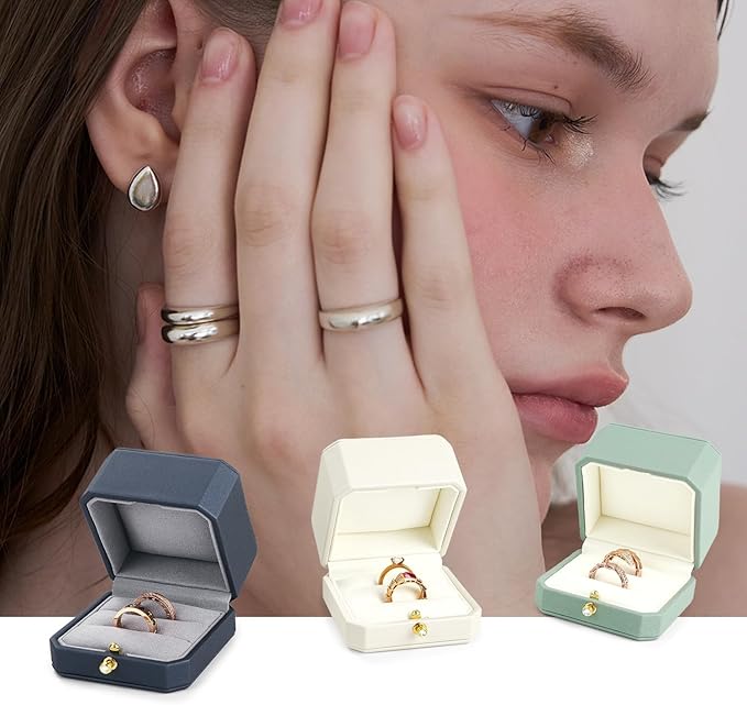 Oirlv Premium Leather Double Ring Box for Wedding Ceremony Engagement Ring Bearer Couple Jewelry Gift Box(White,Double)