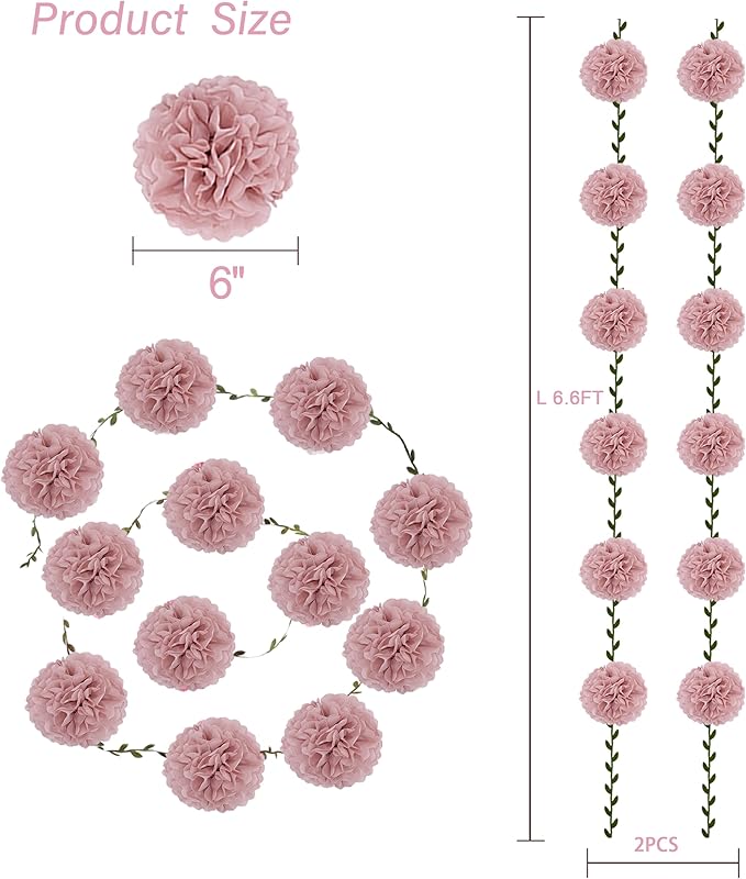 2 Pack Rose Pink Tissue Paper Pom Pom Garlands Hanging with Cloth Vine for Nature Garden Fence Birthday Paty Decorations, 6.6Ft Length