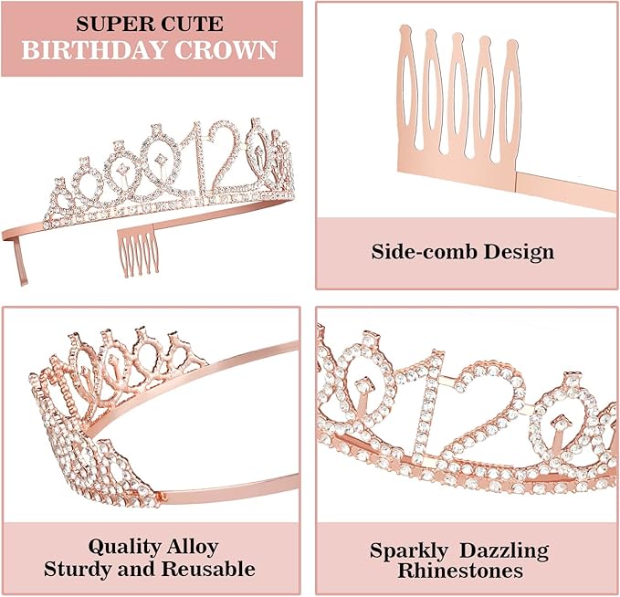 12th Birthday Decorations for Girls Including Sash, Crown/Tiara, Candles and Cake Topper, Rose Gold 12 Year Old Birthday Party Decorations for A Girl