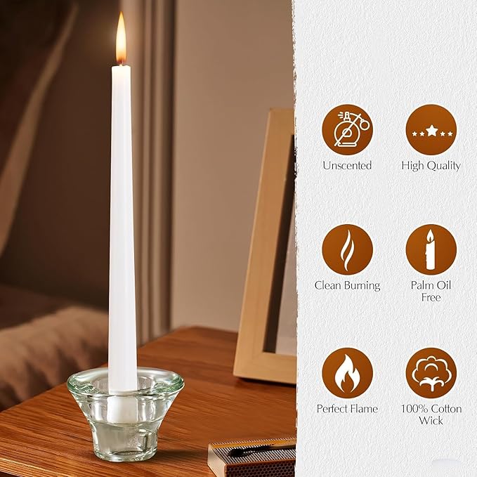 36 Pack White Taper Candles, 7-8 Hours Burn Time, Unscented, Smokeless and Dripless, 0.8 x 10 Inch Dinner Candle Set for Household, Wedding, Party and Home Décor Candlesticks