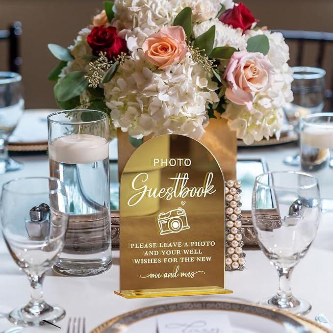 Acrylic Wedding Sign, Bridal Shower Decorations, Photo Guestbook Sign for Ceremony, Modern Font Table Signs, Gold Mirror Arched Acrylic Tabletop Signs for Wedding Reception and Event Party