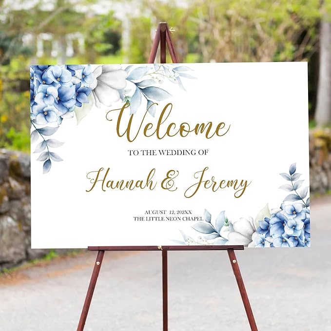 Dusty Blue Wedding Welcome Sign, Editable Floral Template, Printable Ceremony Signage, Elegant Reception Board, Minimalist Blue Wedding Decor