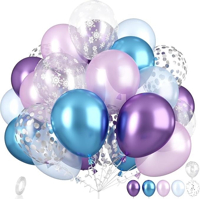 Snow Balloons Set, Pearl Purple Blue Metallic Purple Blue Snowflake Latex Balloon with Silver Confetti Balloons for Winter Wonderland Christmas Princess Girl Birthday Baby Shower Party Decor