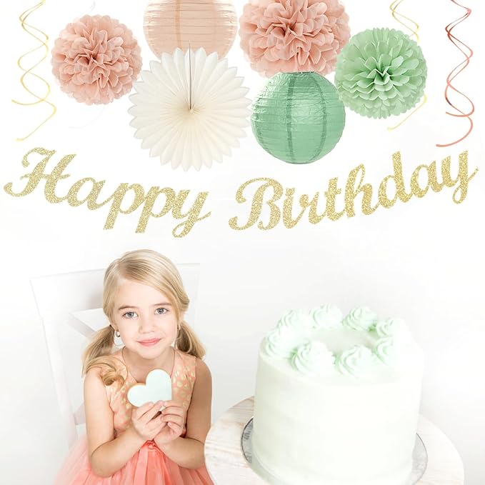 Sage-Green Pink First Happy Birthday Party-Decorations - 22pcs 18th Women Girls Paper Lanterns Streamers Banner Pom Poms,Spring Boho Aesthetic Bohemian Pastel Neutral Decor Backdrop Supplies Hugmoon