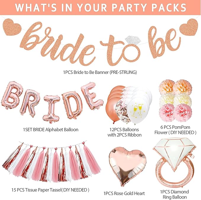 Bridal Shower Decorations - Rose Gold Party Decorations with Wifey for Lifey Banner, Bride Foil Balloon, Diamond Ring Balloon, Paper Pom Poms, Tassel Party Supplies