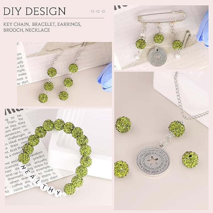 100 pcs 10mm Rhinestone Beads for Jewelry Making, Olivine Shiny Round Shamballa Disco Beads Bulk, Sparkle Crystal Clay Christmas for Bracelet Baseball Necklace Earring Crafting and DIY