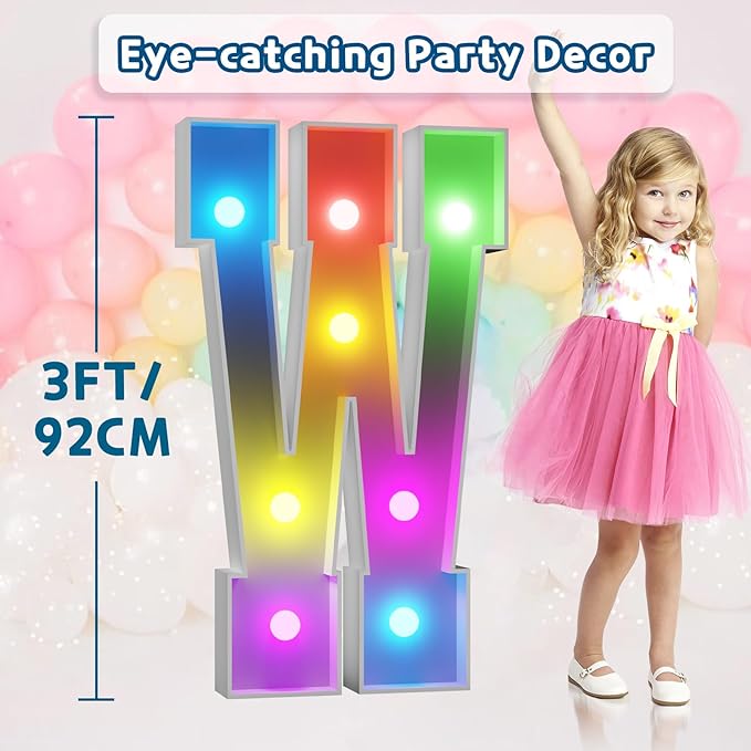 Imprsv 3FT Colorful Marquee Light Up Letters W, 18 Color Light Up Alphabet Sign with Remote, Baby Shower, Birthday Engagement Wedding Party Decor
