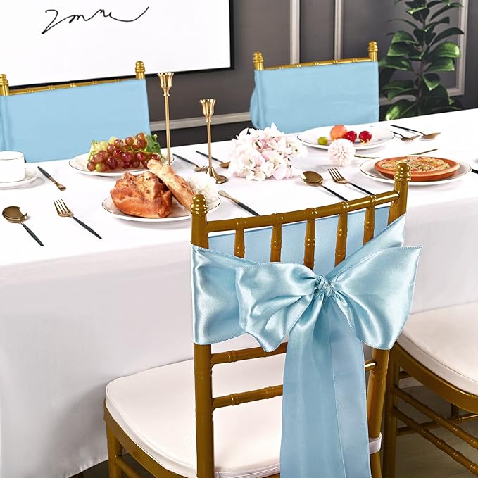 fani 60 PCS Baby Blue Satin Chair Sashes Bows Universal Chair Cover for Wedding Reception Restaurant Event Decoration Banquet,Party,Hotel Event Decorations (7 x 108 inch)