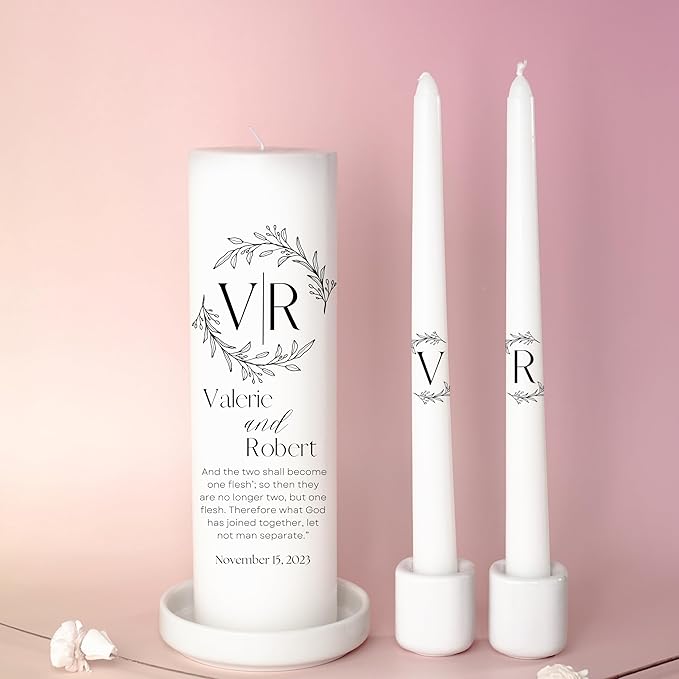 Unity Candles for Wedding, Modern Unity Set, Custom and Personalized Pillar and Taper Candles with Bible Quote, Unscented White Premium Wax, Religious and Wedding Ceremony, Special Events (Black)