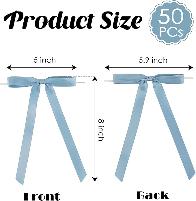 50 PCs Dusty Blue Bow 5 Inch Long Tail Bows for Gift Wrapping, Easter Bow Party Decorations, Twist Tie Bows, Satin Bows for Crafts, Premade Bows for Presents, Treat Bags, Bottles, Cakes