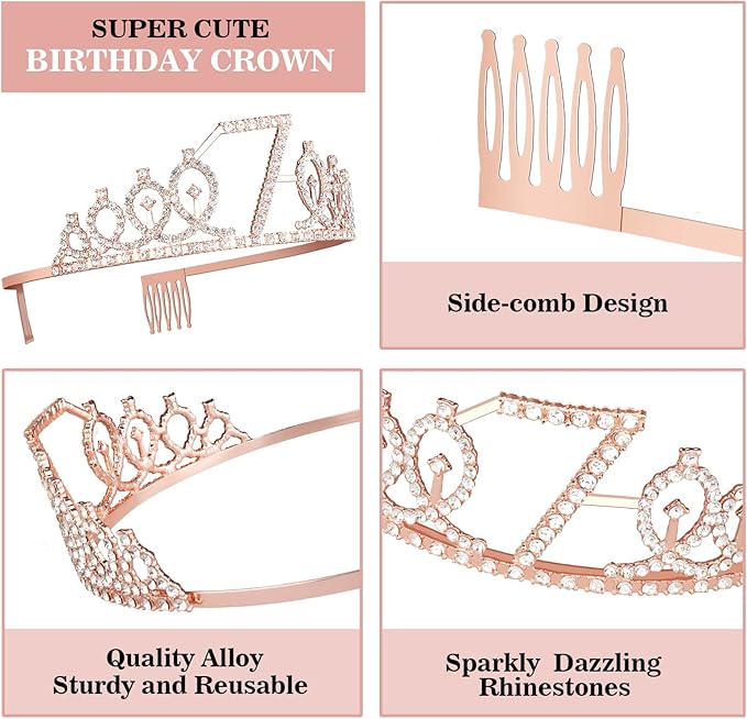 7th Birthday Decorations for Girl with Sash and Tiara, Numeral Candle and Cake Topper, 7 Year Old Birhtday Girls Rose Gold Party Favor Supplies