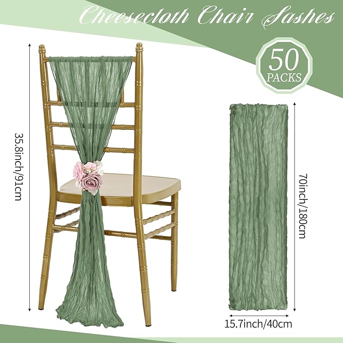 50 PCS Cheesecloth Chair Sashes, Bows Designed ChairSashes, 15.7x70 inch Chair Sashes for Aisle Decorations Universal Chairs Cover Decoration for Wedding Reception Party Banquet (Sage Green)