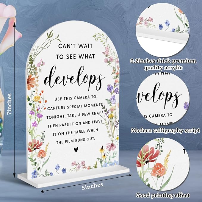 Acrylic Wedding Signs, Bridal Shower Decorations, Modern Arched Round Top Acrylic Table Top Sign with Holder for Wedding Reception Party Dinner - Can't Wait to See What Develops (White Wildflowers)