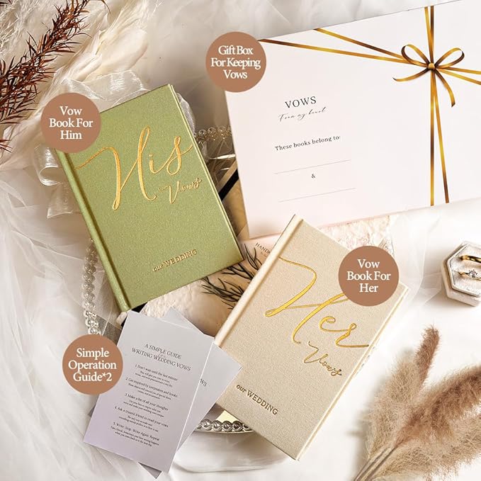 Vow Books His and Hers 2 Pack - 6 x 4 Inch Linen Hardcover Wedding Vow Books with Gold Foil Lettering & Bookmark, Wedding Ceremony Keepsake for Bride and Groom-His and Her Engagement Gift, 48 Pages
