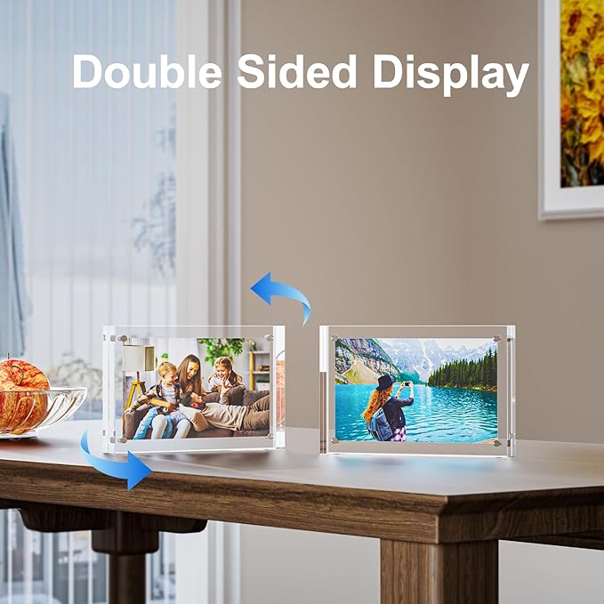 5 Pack 5x5 Acrylic Picture Frames - 20% Thicker Double Sided Magnetic Frame with UV Protection - Freestanding Clear Frameless Display for Tabletops - Modern Photo Frame Set for Home & Office Decor