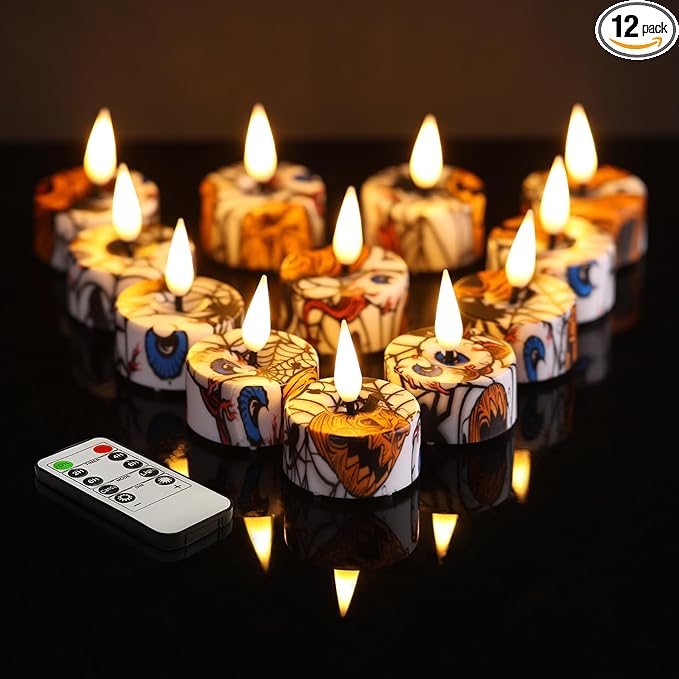 Eywamage Halloween Flameless Tealights with Remote, Spooky Spider Pumpkin Battery LED Tea Votive Candles Set of 12