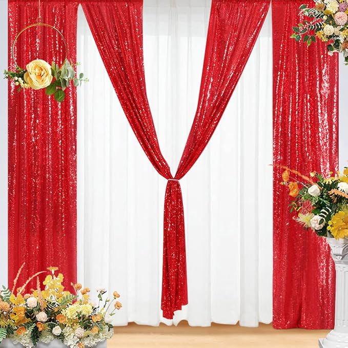 Eternal Beauty Red Sequin Backdrop Curtains, Valentine's Day Shimmer Back Drop 2Panels-2FTx8FT for Christmas, Party, Birthday, Photography, Wedding, Baby Shower Event Decoration