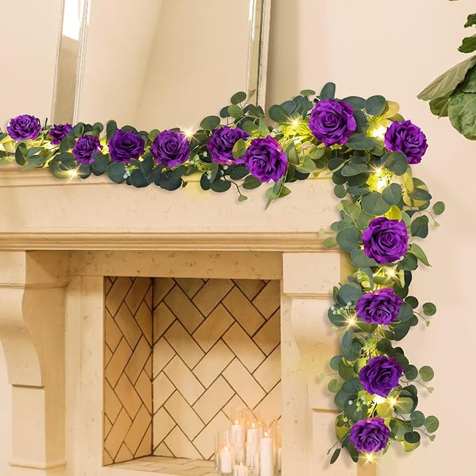 MACTING 4 Pack 26.4FT Eucalyptus Garland with Lights - Spring Gypsophila Flower Garlands with 48 Purple Roses Artificial Floral Greenery Vines for Arch Table Centerpieces Backdrop Party Wedding Decor