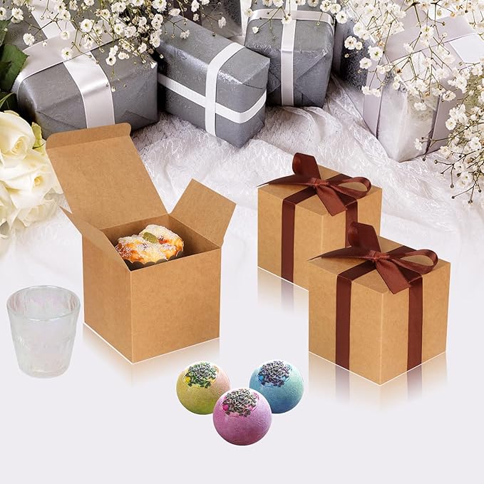 50 Pack Small Gift Boxes, 3x3x3 Favor Boxes Brown Paper Gift Boxes with Lids for Presents, Crafting, Cupcake Boxes, Gifts, Candy Boxes for Wedding Party Bridal Shower Baby Shower Favors