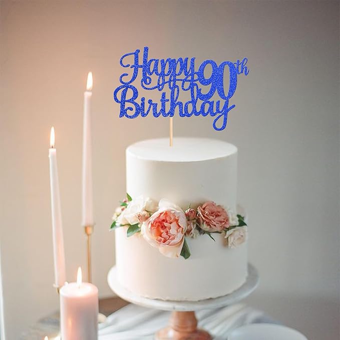 1 PCS Happy 90th Birthday Cake Topper Glitter Cheers to 90 Years Birthday Cake Pick Ninety 90 Fabulous Cake Decoration for Happy 90th Birthday Theme Party Decorations Supplies Blue