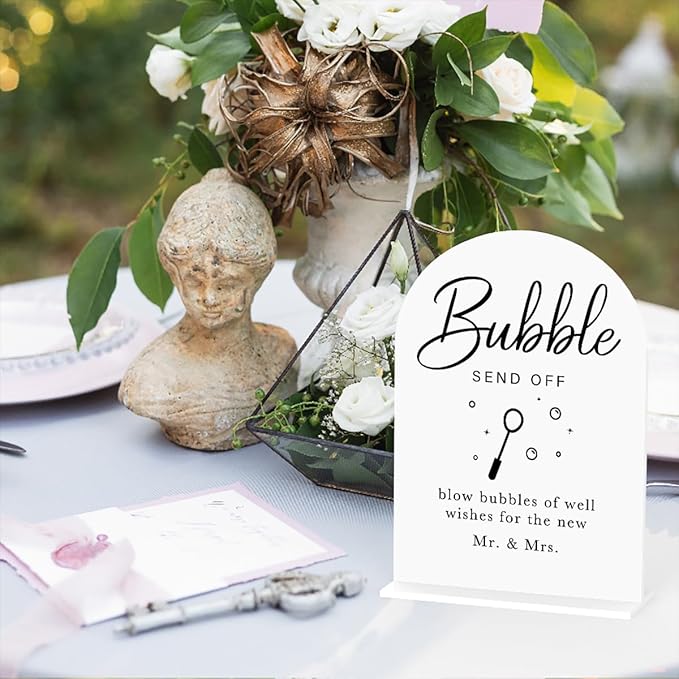 Acrylic Wedding Sign Wedding Signs for Ceremony Bubble Send Off Sign for Wedding Modern Calligraphy Arch Acrylic Table Top Sign for Wedding Reception and Event Party Table(white）