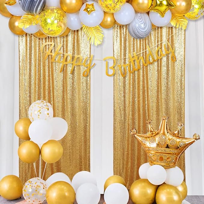 Poise3EHome 2Pcs 3Ft x 8Ft Gold Sequin Backdrop Curtain, Glitter Photography Background, Sequence Xmas Thanksgiving Backdrop for Wedding Party Holiday Festival Decor