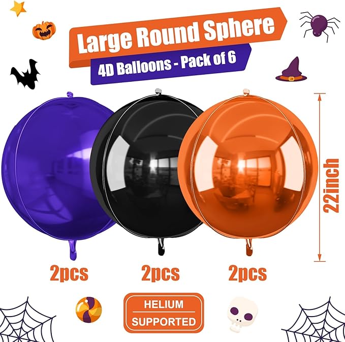 Black Orange Purple Halloween Foil Balloons, 6Pcs 4D Large Metallic Helium Balloon, 22Inch Big Round Foil Balloon for Kids Halloween Birthday Graduation Wedding Baby Shower Disco Backdrop Supplies
