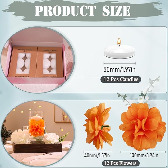 24 Pcs Floating Candles for Centerpieces and Floating Flowers Artificial Flowers Head Vase Filler for Party Home Table Wedding Centerpieces Decoration (Orange)