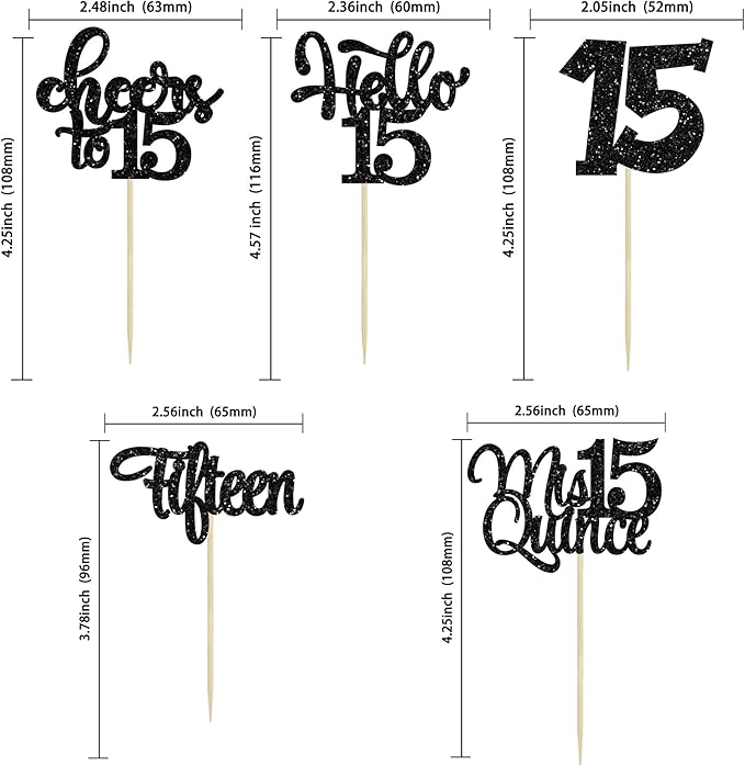 30Pcs 15th Birthday Cupcake Toppers Fifteen Cupcake Picks Cheers to 15 Years Old Mis Quince 15 Cake Decorations for 15th Birthday Anniversary Party Black Glitter