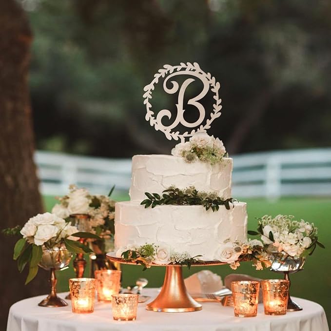 LINGTEER Personalized Inital Letter B Wooden Cake Topper Perfect for Birthday Rustic Wedding Anniversary Party Keepsake Decoration