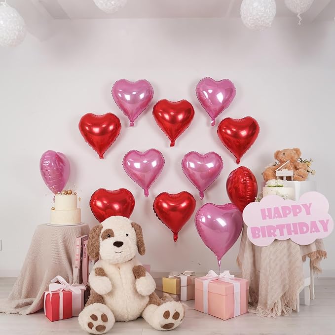 Pastel Pink Red Heart Balloons,12Pcs 18 Inch Baby Pink Foil Love Heart Shaped Balloons for Women Girl Valentines Day Birthday Wedding Engagement Anniversary Party Graduation Baby Shower Decorations