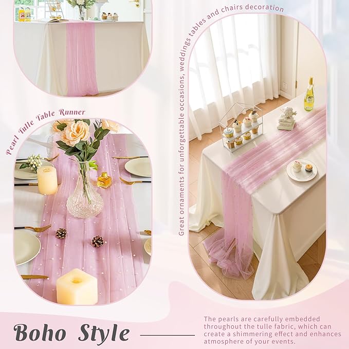 Pearl Table Runner 29 x 120 Inch Tulle Fabric Lace Table Runners Boho Rustic Tablecloth for Bridal Shower Birthday Party Wedding Arch Aisle Veil Dessert Table Decor(1 Pack, Pink)