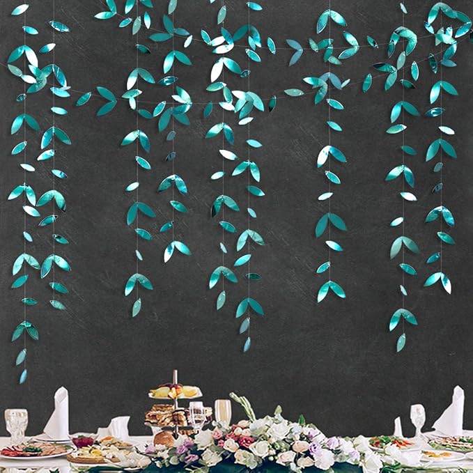 PinkBlume 52 Ft Dark Green Leaf Garland, Emerald Turquoise Paper Hanging Leaves Streamer, Teal Aqua Green Banner for Wedding, Bridal Shower, Engagement, Party Decorations