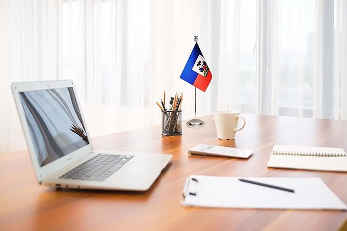 Haiti Haitian Deluxe Desk Flag Set Small Mini Miniature Haiti Haitian Table Desktop Flags,Festival Events Celebration,Office Decoration-2 Pack