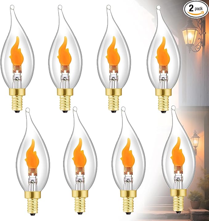 Stereover E12 LED Flickering Flame Decoration Light Bulbs, Stereover Flicker Bulb, E12 Flickering Flame Light Bulbs - Realistic Blaze Effect, Perfect Ambiance for Halloween, Christmas (8 Pack)