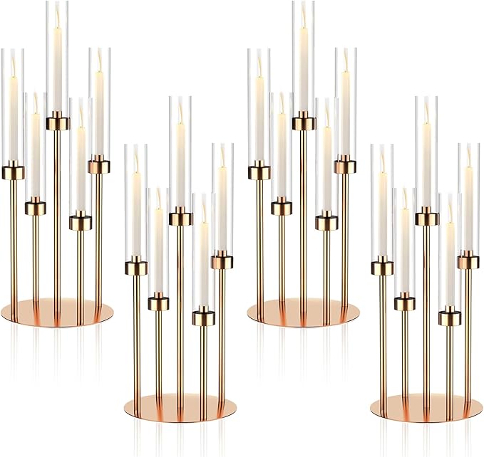 5 Arm Gold Candelabra Centerpieces for Table 4 Set Floor Candelabras Metal Candlestick for LED Candle 26'' Tall Candle Holders with Acrylic Lampshade for Wedding Party Fireplace