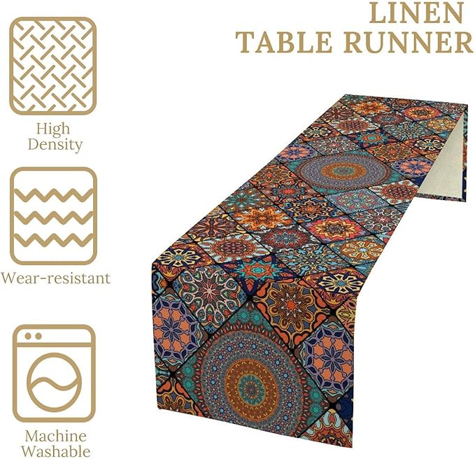 Bohemian Table Runner, Colorful Vintage Indian Mandala Floral Table Runners for Kitchen Dining Coffee Table Indoor Outdoor Party Decor, 13x36inch