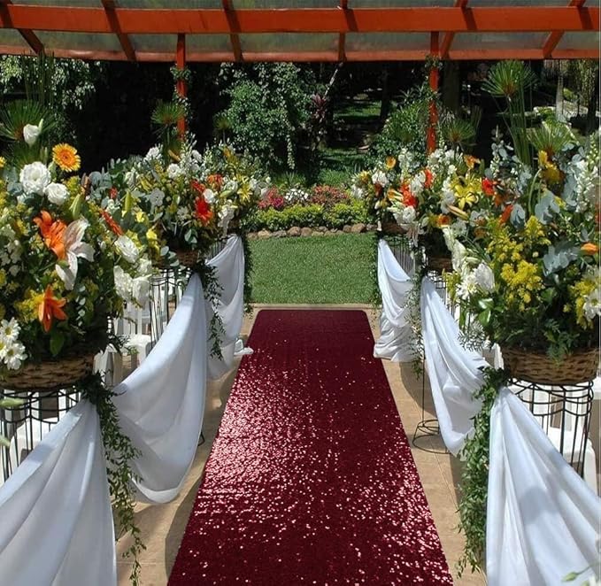 ShinyBeauty Sequin Aisle Runner Rug 4x15FT - Sparkly Burgundy Carpet for Wedding, Christmas, Party Decor - Glittering Floor Mat (48x180 Inch)
