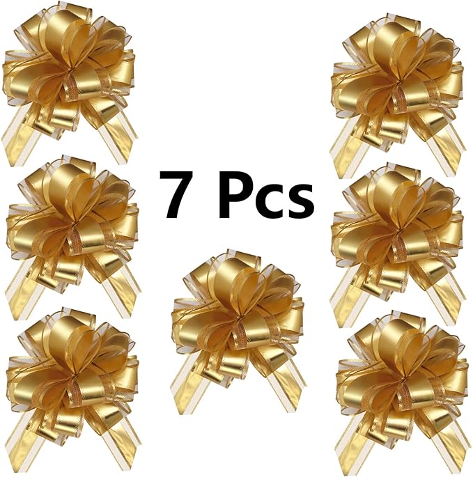 7 Pieces Large Pull Bows, 6 inche, Big Bow for Gift Wrapping, Christmas Party Birthday Gift, Wedding Baskets,Valentine's Day Decorations, Flower Decoration (Gold)
