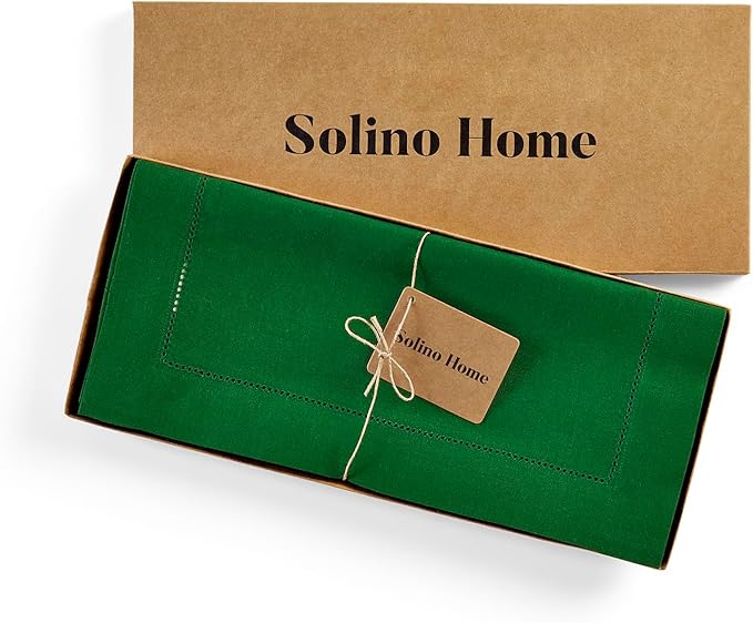 Solino Home Linen Garden Green Table Runner 144 Inches Long - 100% Pure Linen Extra Long Table Runner 14 x 144 Inch for Christmas - Classic Hemstitch