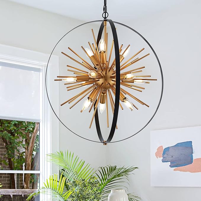 23.2'' Black Gold 12-Light Globe Sputnik Chandelier Modern Industrial Adjustable Hanging Ceiling Firework Pendant Light Fixture for Entryway Foyer Bedroom Dining Living Room Hallway